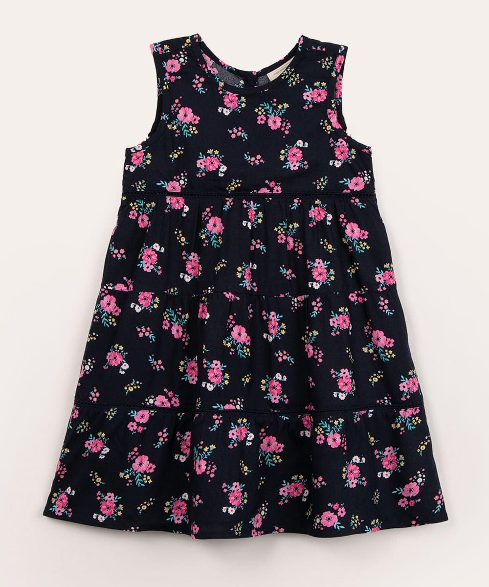 vestido infantil floral de viscose azul marinho