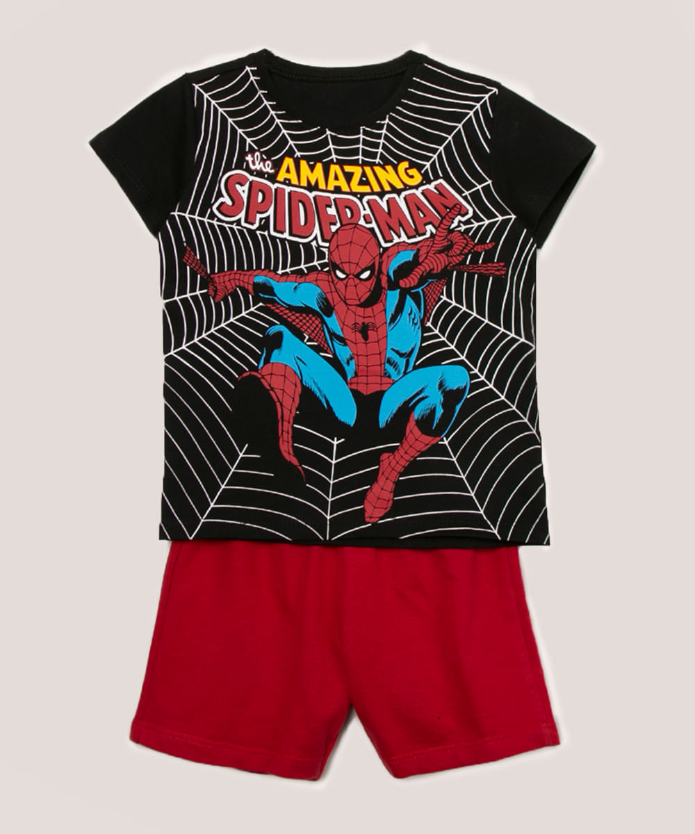 conjunto infantil camiseta manga curta homem aranha e bermuda preto