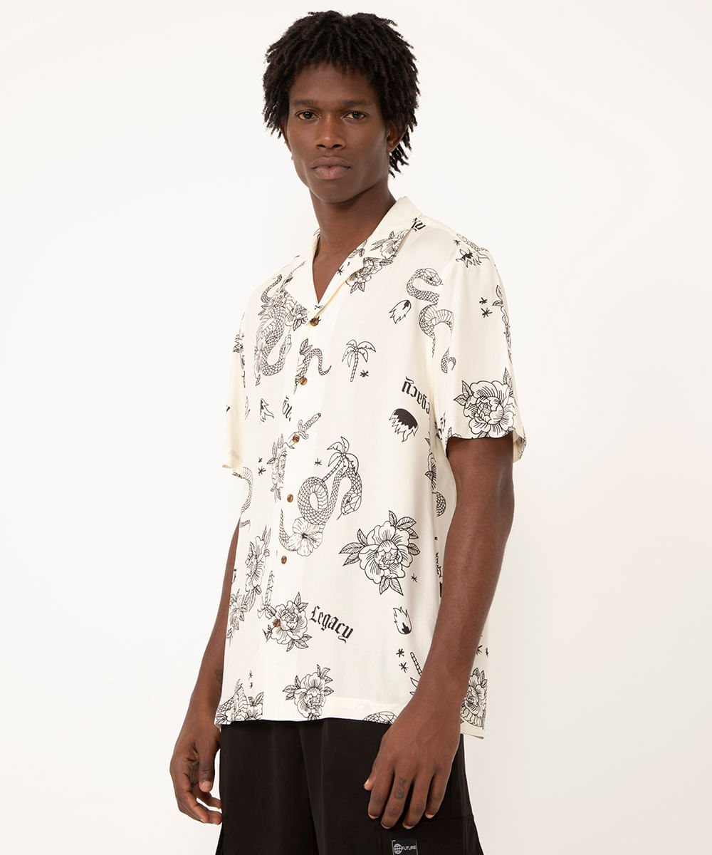 camisa de viscose manga curta serpente off white