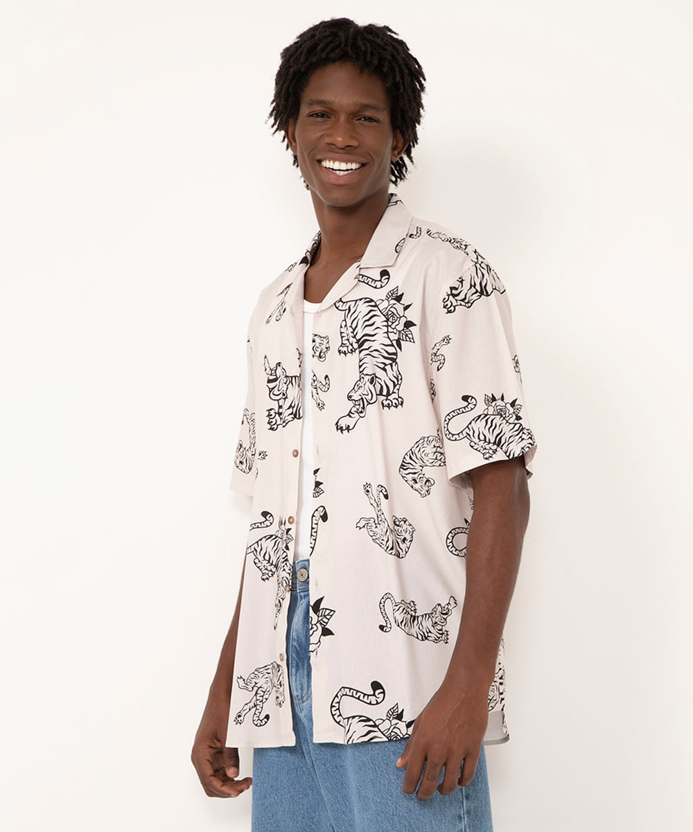 camisa de viscose manga curta tigre off white