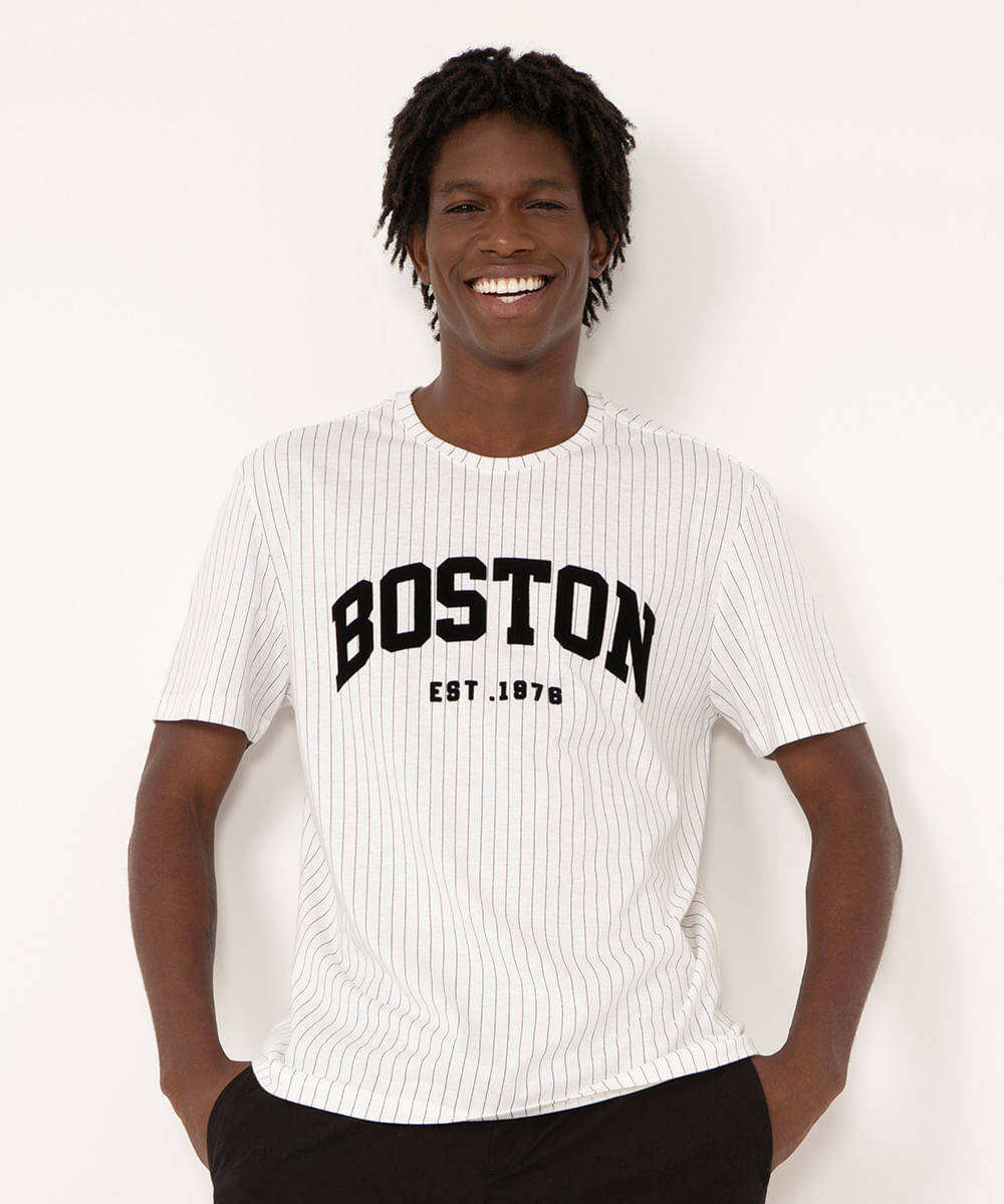 camiseta de algodão manga curta listrada boston branco