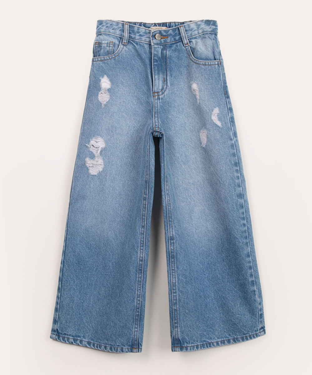 calça infantil jeans wide leg destroyed azul claro