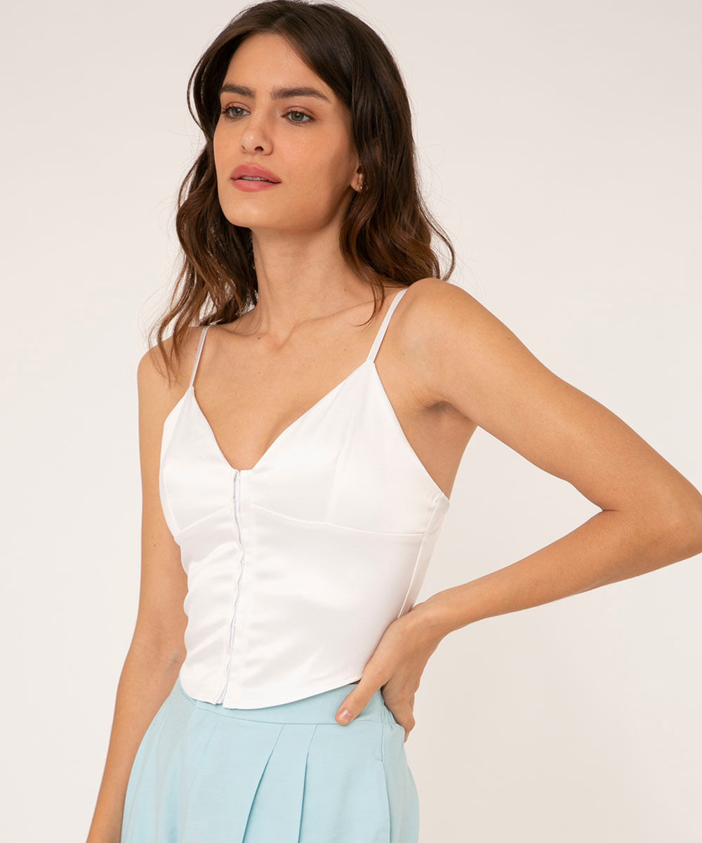 top cropped corset de cetim alça fina off white