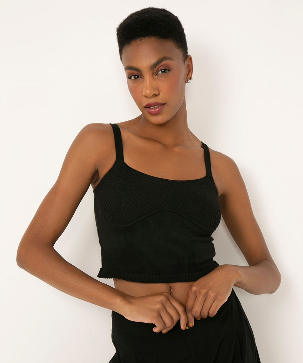 top corset cropped de tricô preto