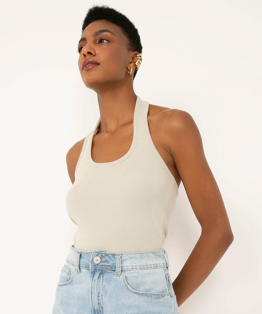 blusa halter neck de tricô bege