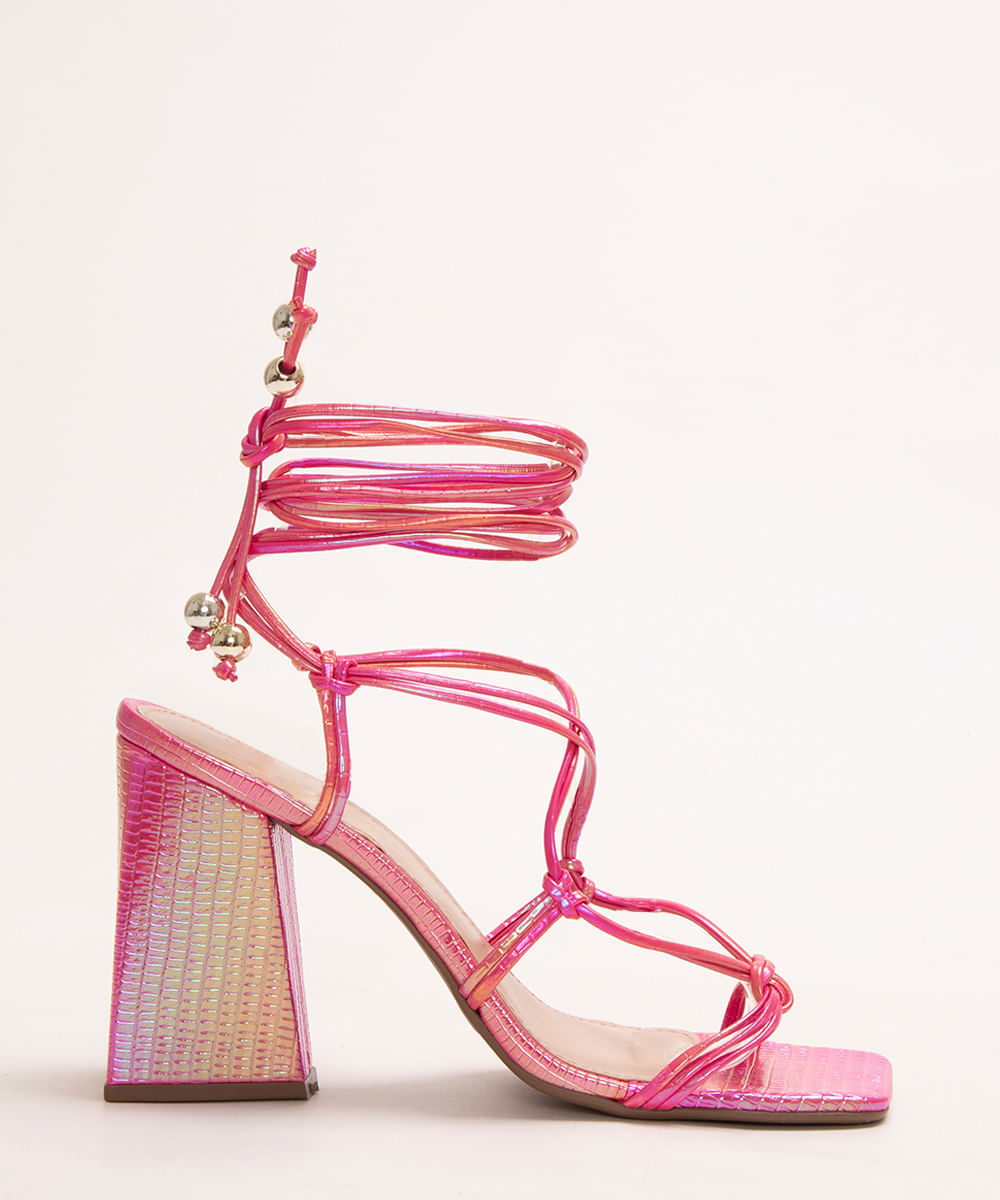 sandália salto alto texturizada holográfica via uno pink