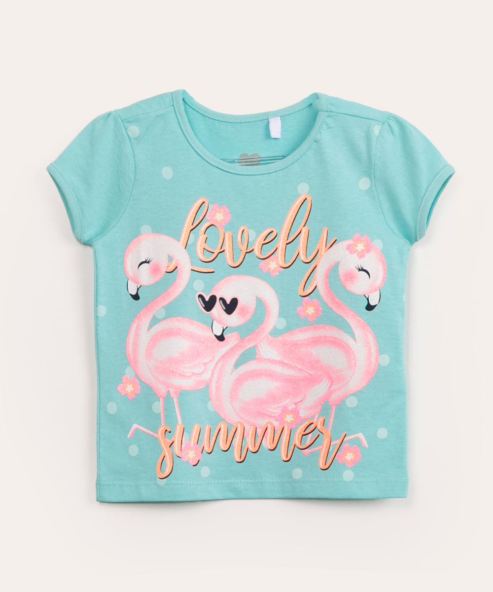 blusa infantil manga curta flamingos glitter azul médio