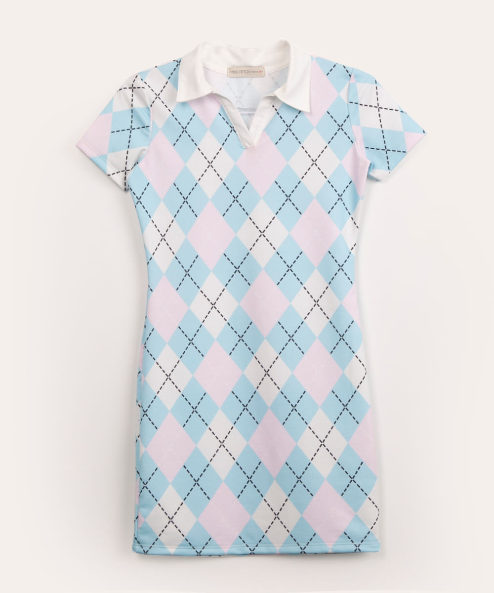 vestido juvenil argyle com gola azul claro