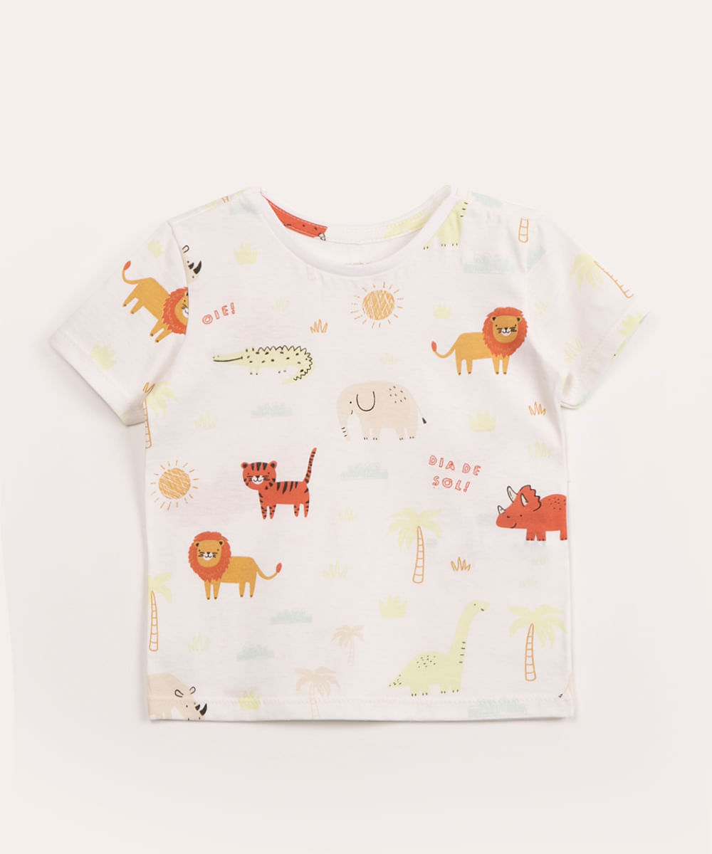 camiseta infantil de algodão manga curta bichos dia de sol off white