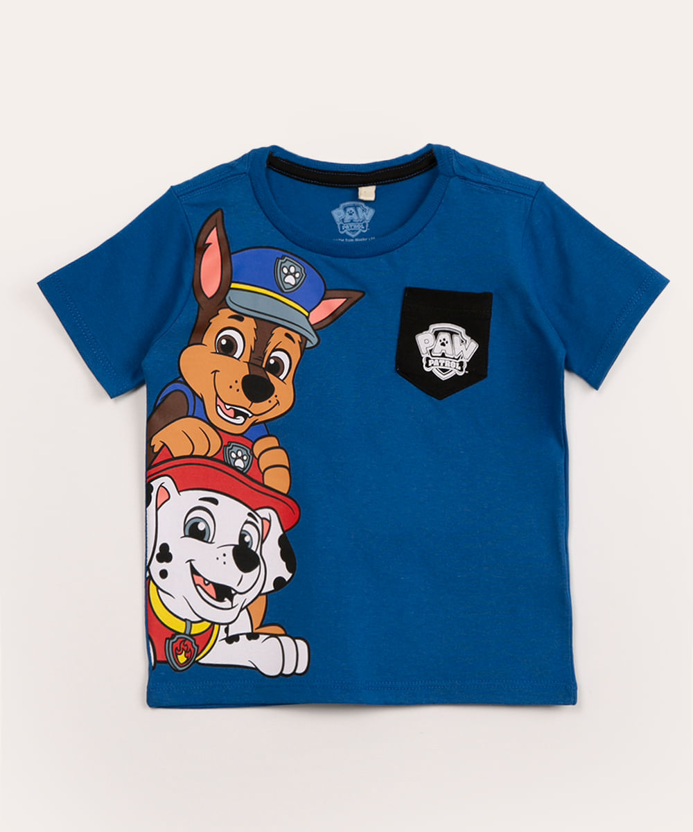 camiseta infantil de algodão com bolso patrulha canina azul