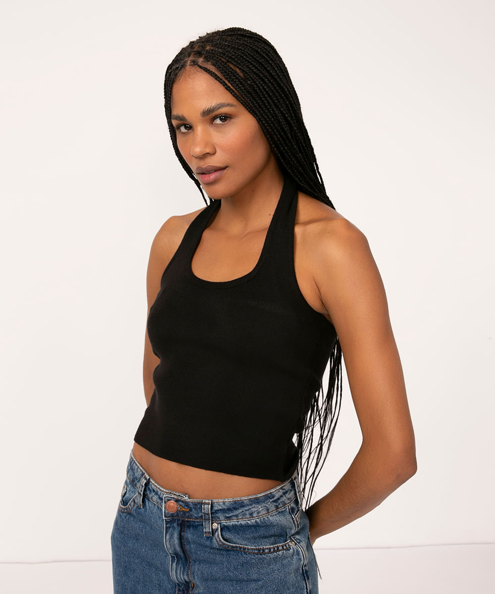 blusa halter neck de tricô preto