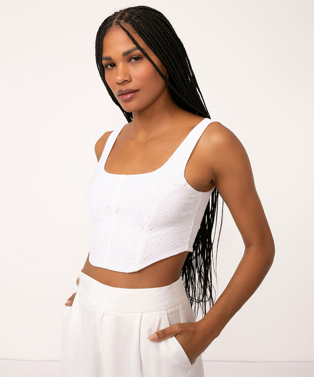 blusa em laise corset decote reto off white