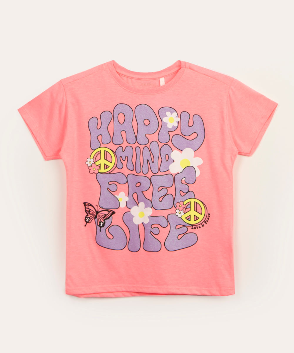 camisetão infantil manga curta happy rosa neon