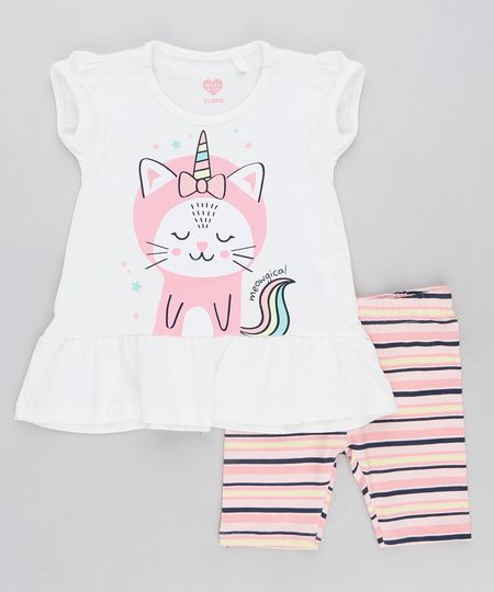 Conjunto Infantil de Blusa Gato Unicórnio com Babado Manga Curta Off White + Bermuda Listrada Rosa Claro Menor preço em Conjunto Infantil de Blusa Gato Unicórnio com Babado Manga Curta Off White + Bermuda Listrada Rosa Claro