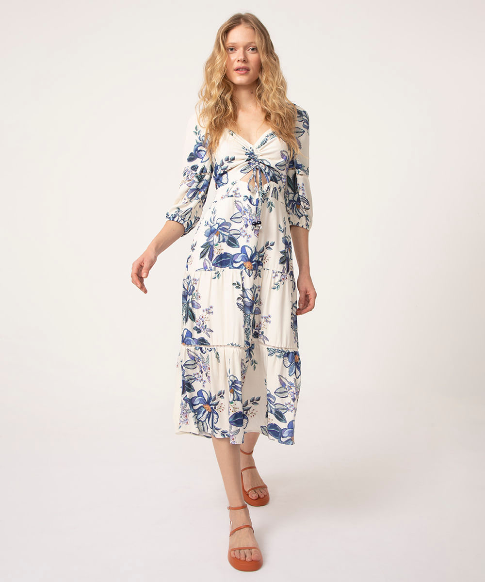 vestido midi de viscose floral manga bufante cut out off white