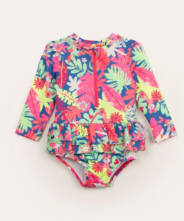 maiô infantil floral manga longa com babado e proteção uv50 multicor 4