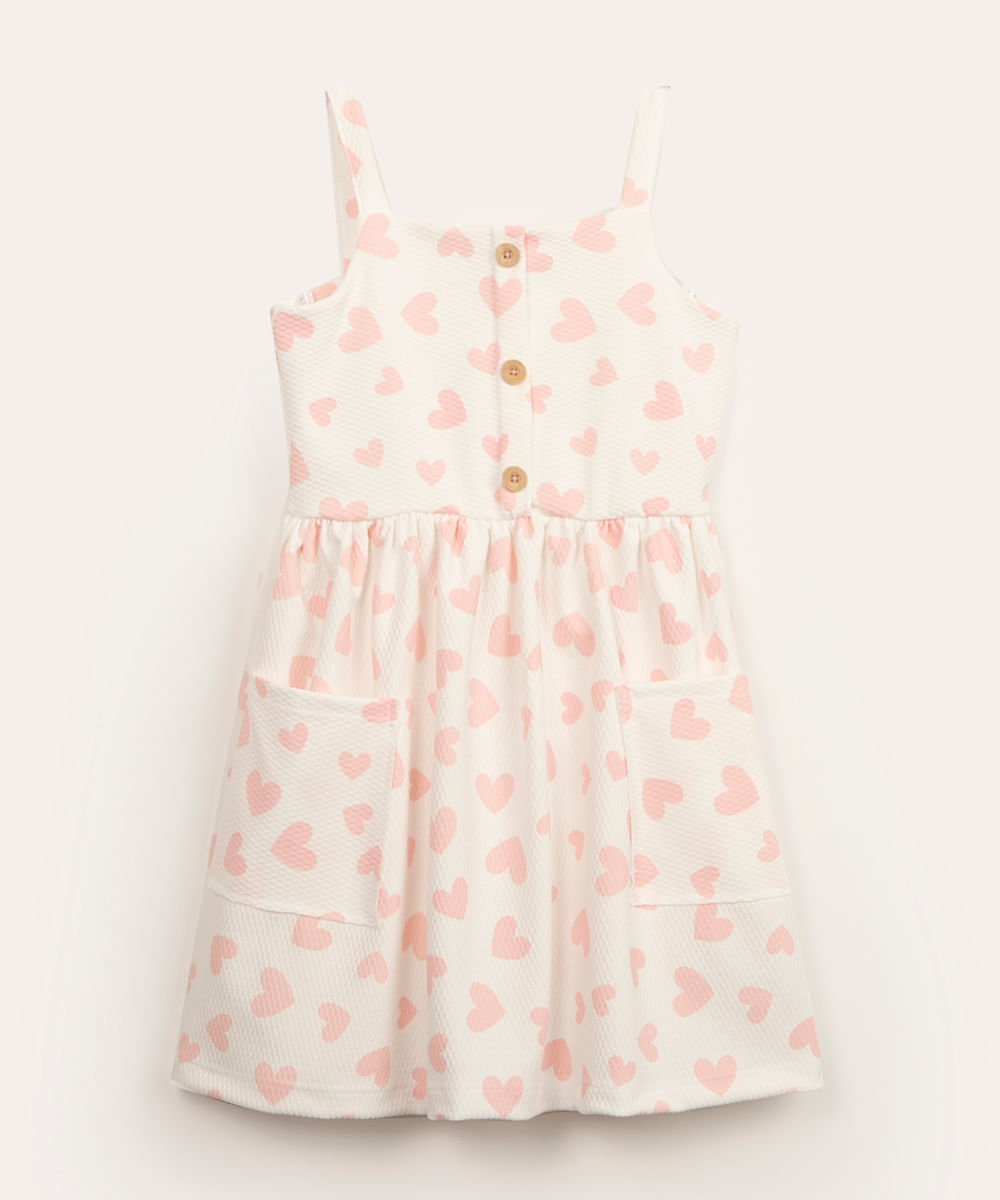 vestido infantil corações com bolso e botões off white