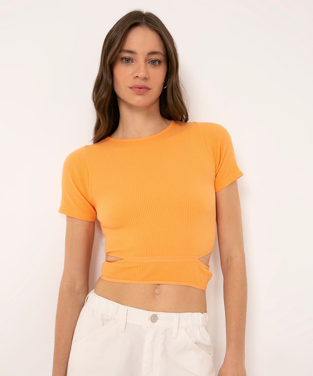 blusa cropped de poliamida cut out laranja