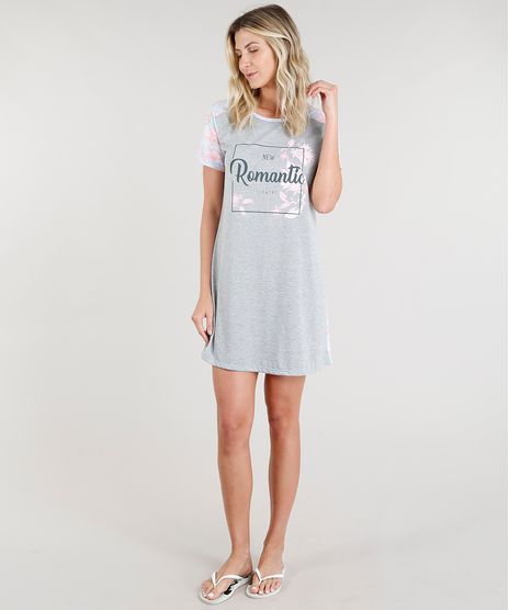 Camisola-Feminina--Romantic--com-Estampa-Floral-Manga-Curta-Cinza-Mescla-9296551-Cinza_Mescla_1