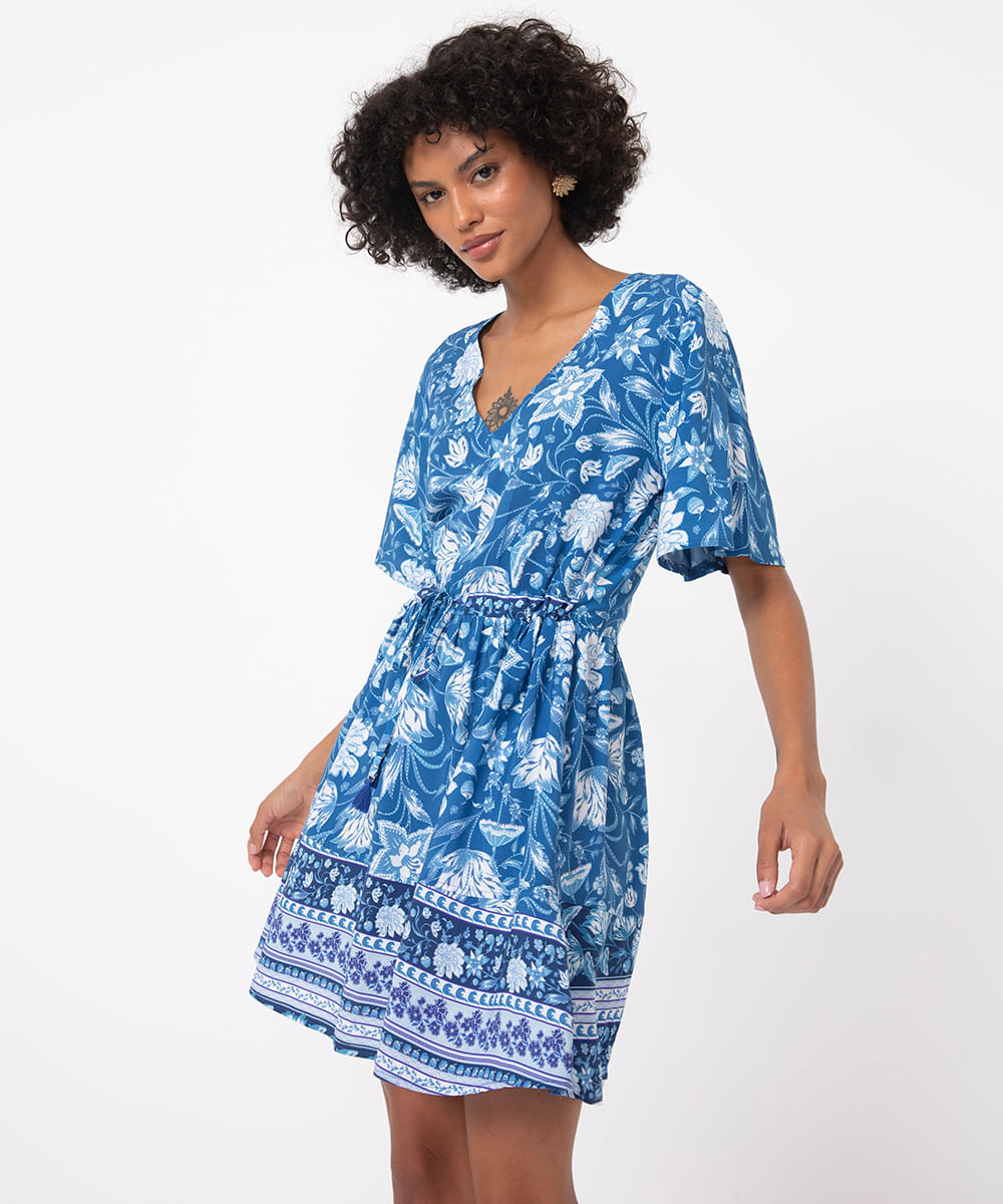 vestido curto de viscose floral manga curta azul