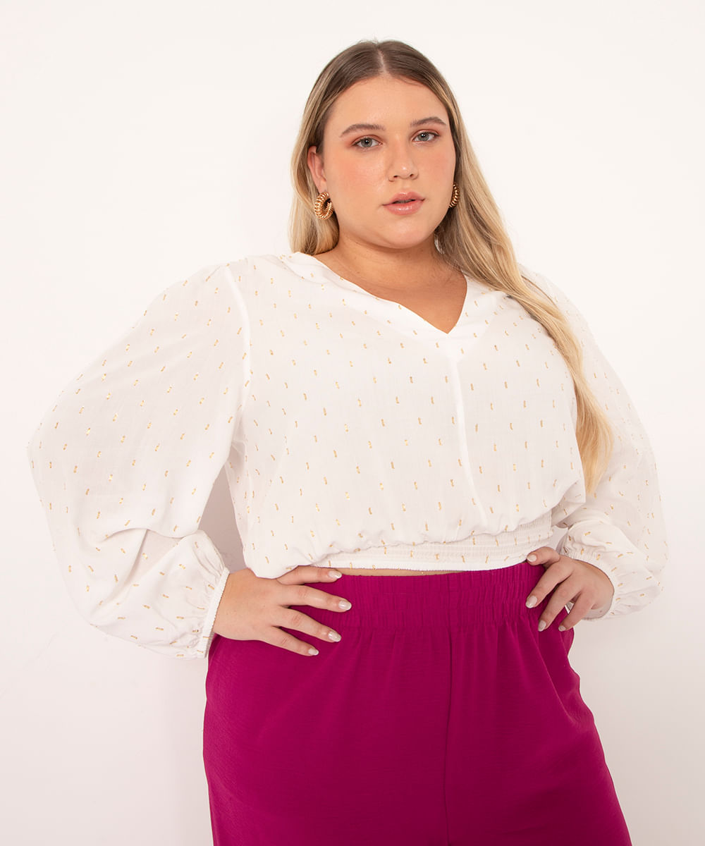 blusa plus size manga longa cropped brilhos off white