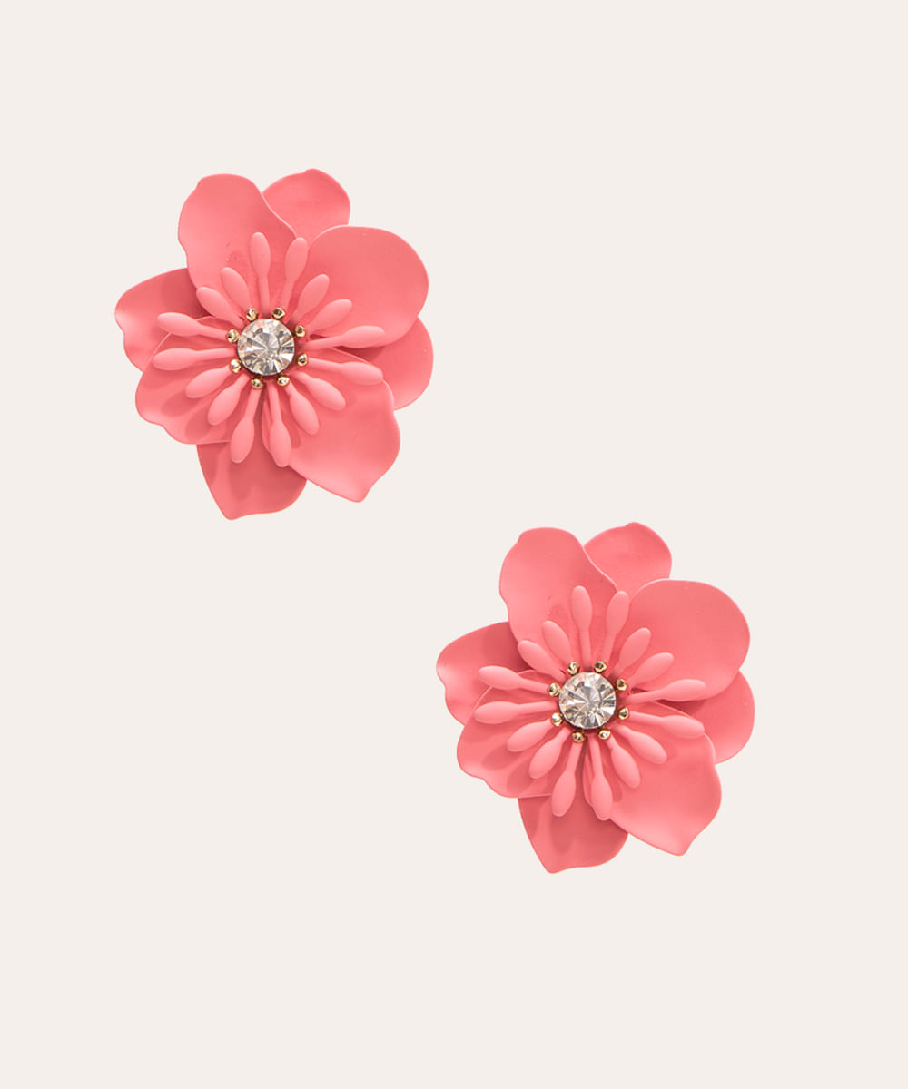 brinco de metal flor strass rosa
