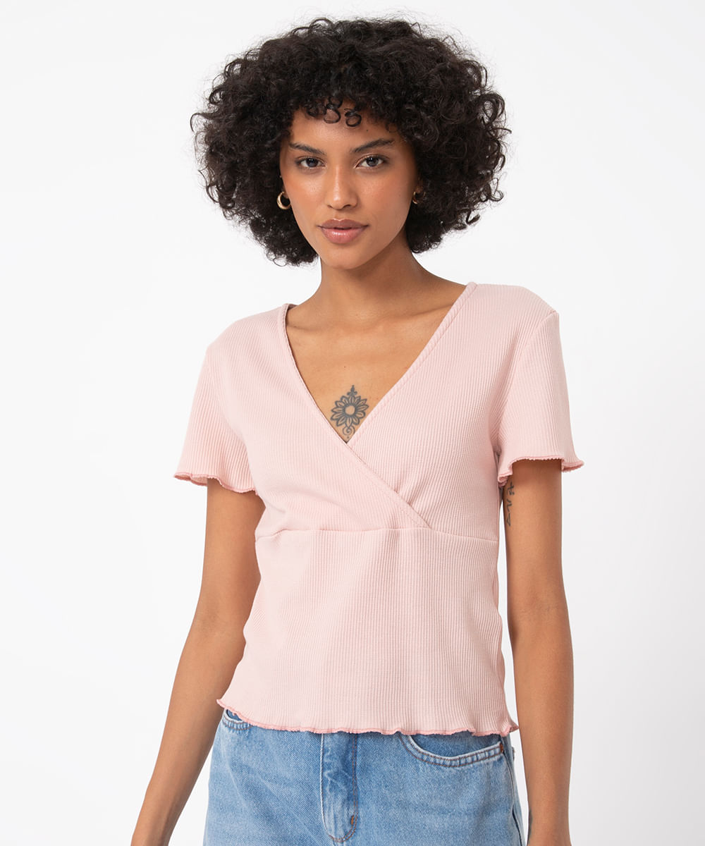 blusa texturizada manga curta decote v rosê