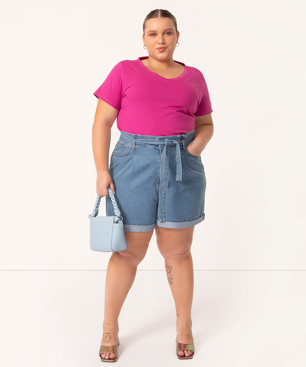 Short Plus Size Clochard Jeans Cintura Super Alta com Faixa azul escuro