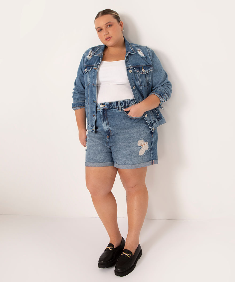 short mom jeans plus size destroyed cintura super alta azul médio azul médio