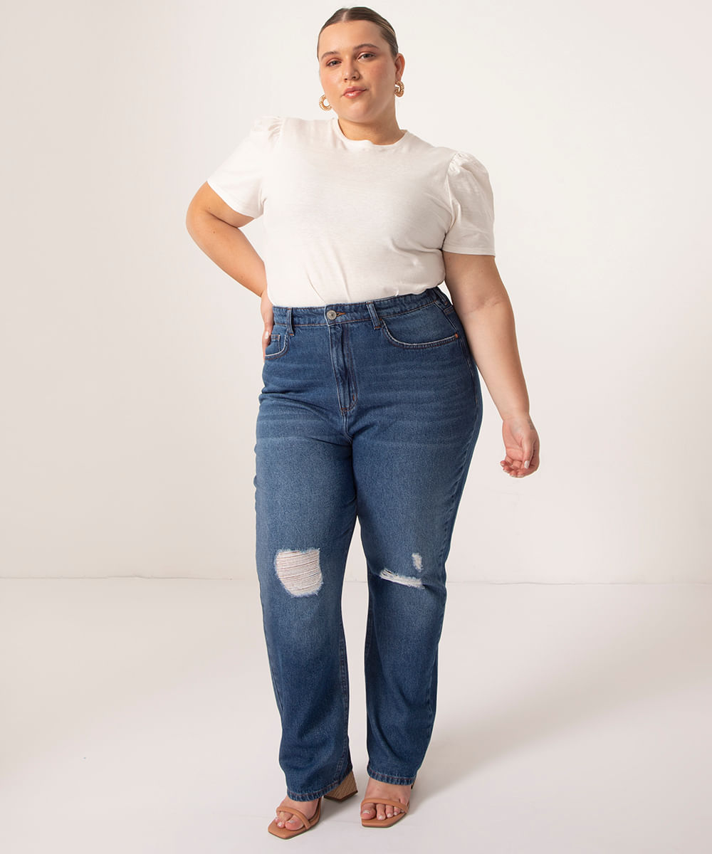 calça plus size jeans mom destroyed cintura super alta azul escuro azul escuro