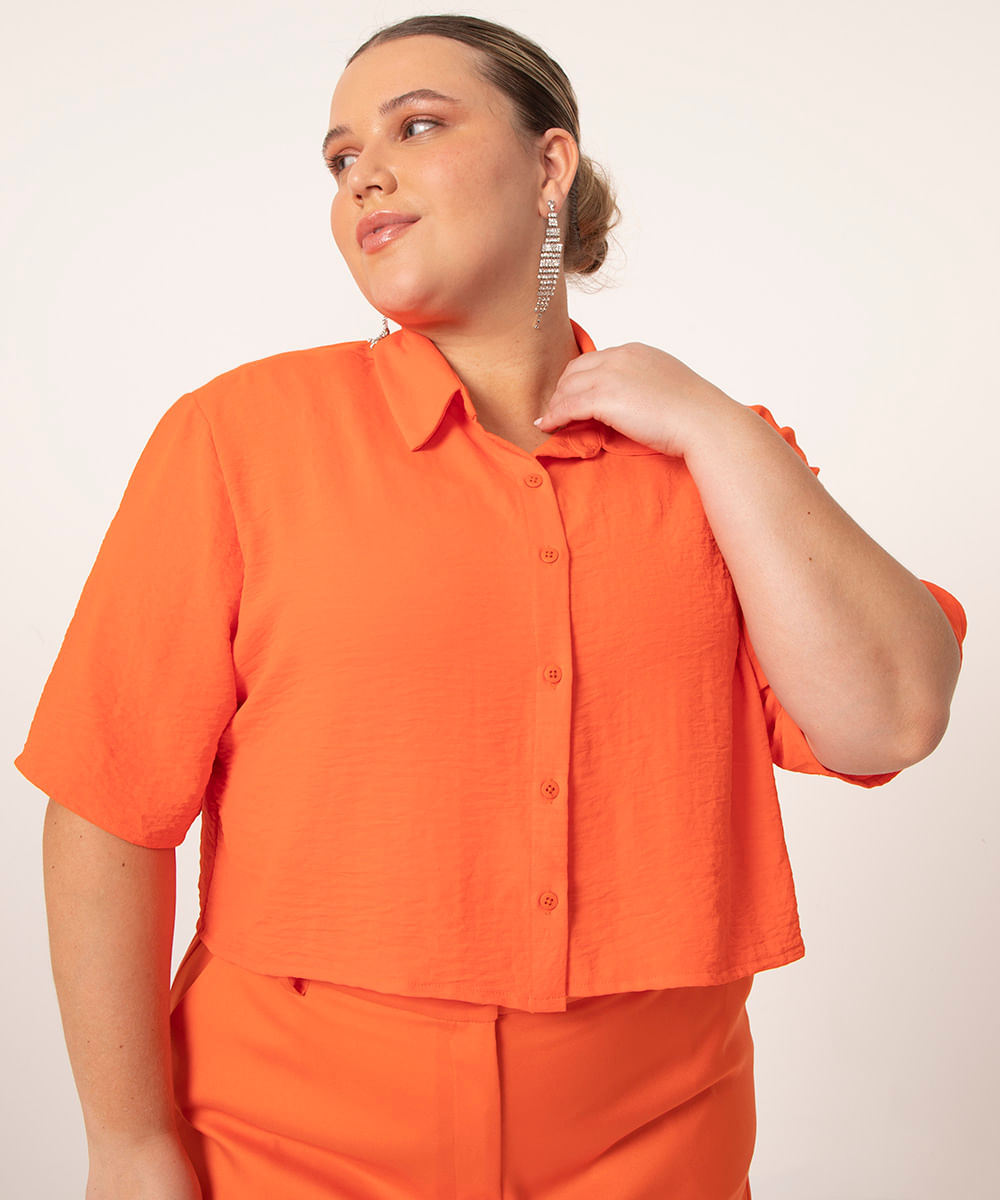 camisa cropped plus size manga curta laranja