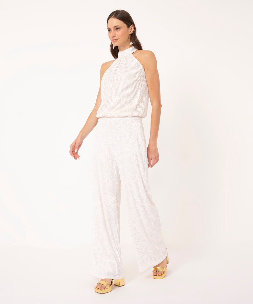 calça wide leg pantalona cintura alta off white