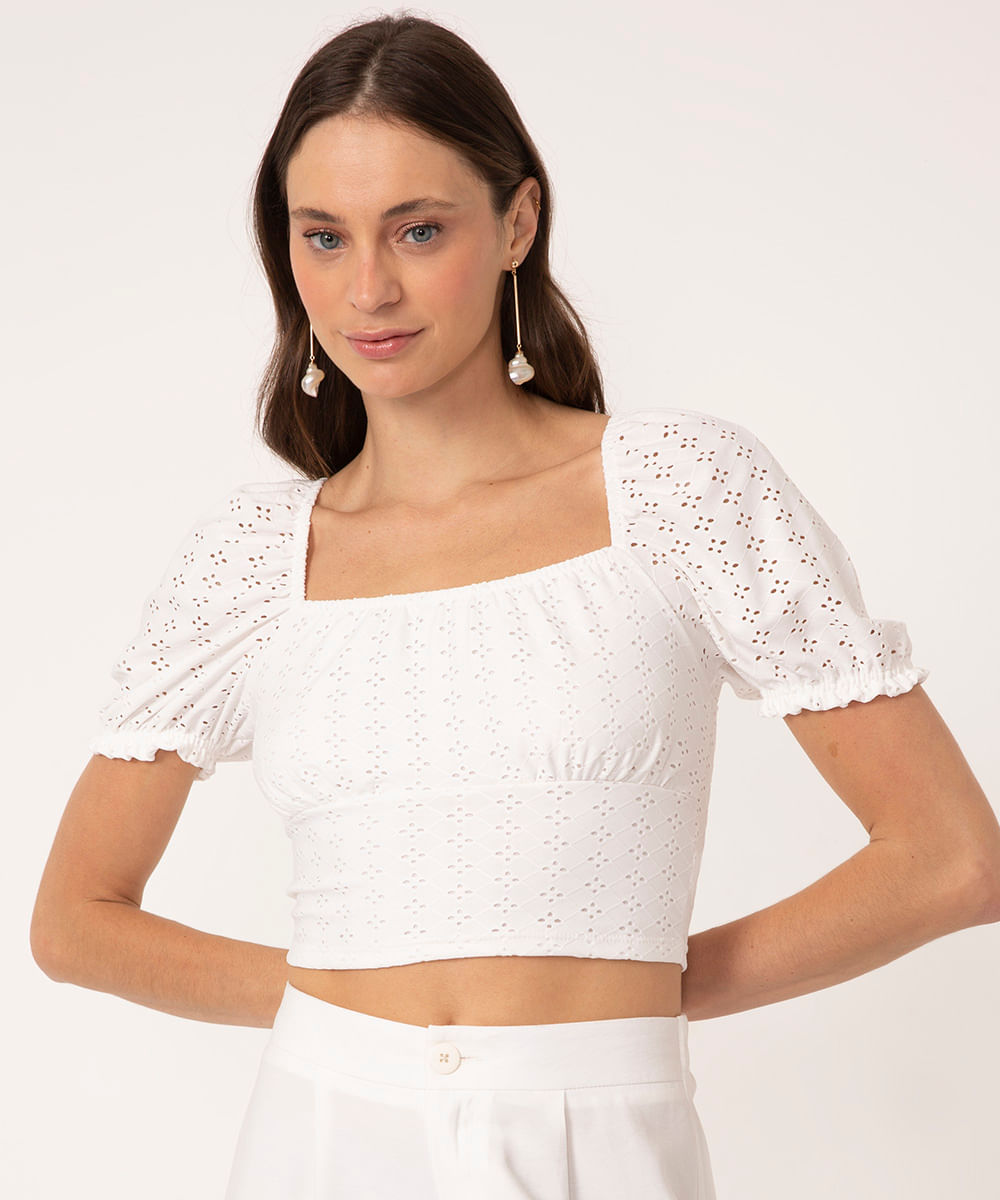 blusa cropped de laise manga bufante off white