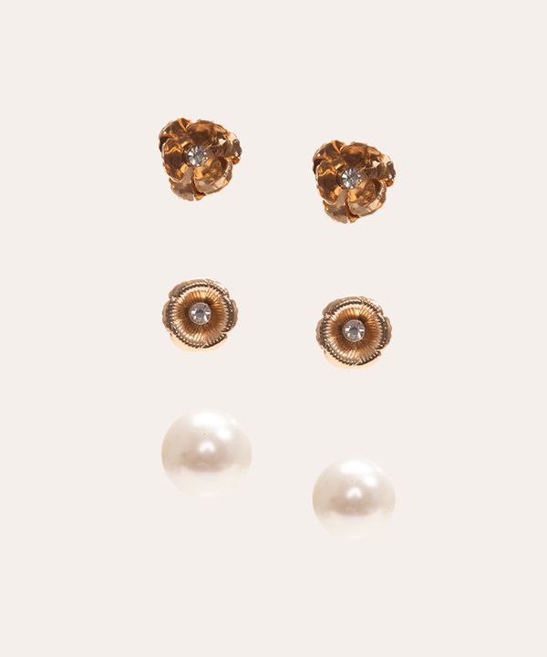 kit de 3 brincos flores e pérola dourado Único