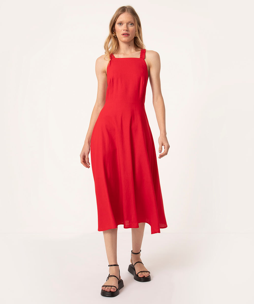 vestido midi decote reto alça franzida vermelho