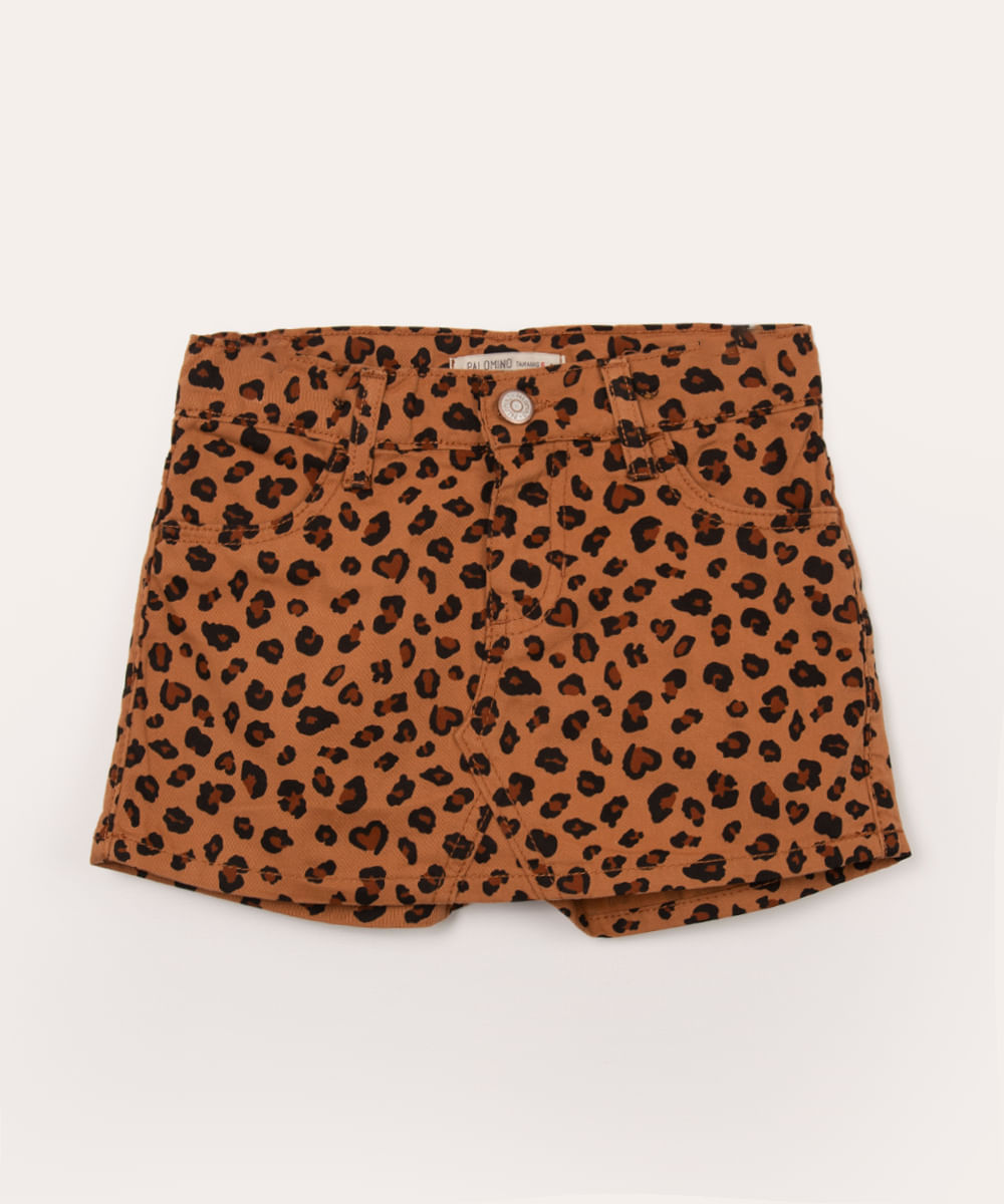 short saia infantil de sarja animal print marrom