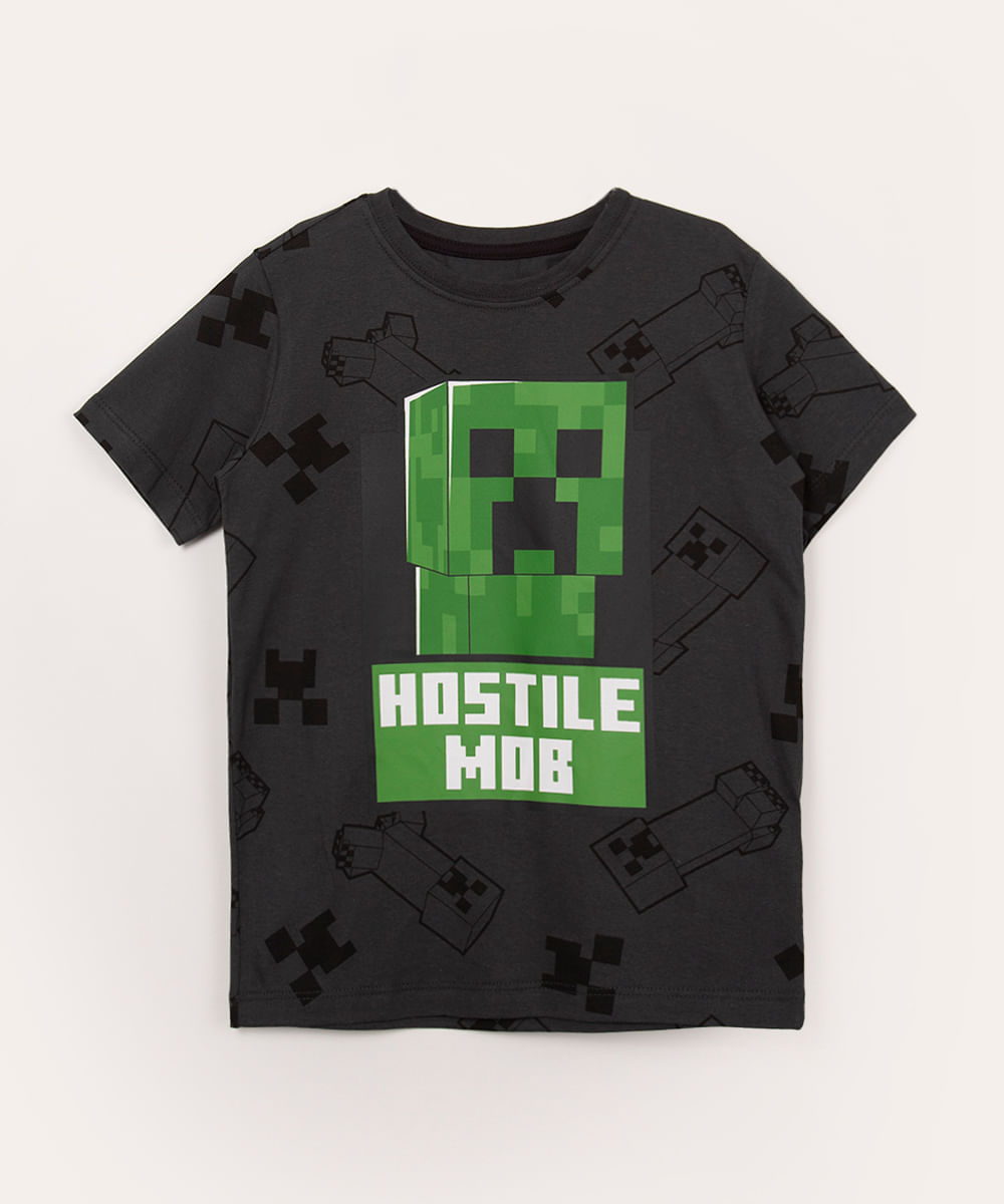 camiseta infantil de algodão minecraft cinza