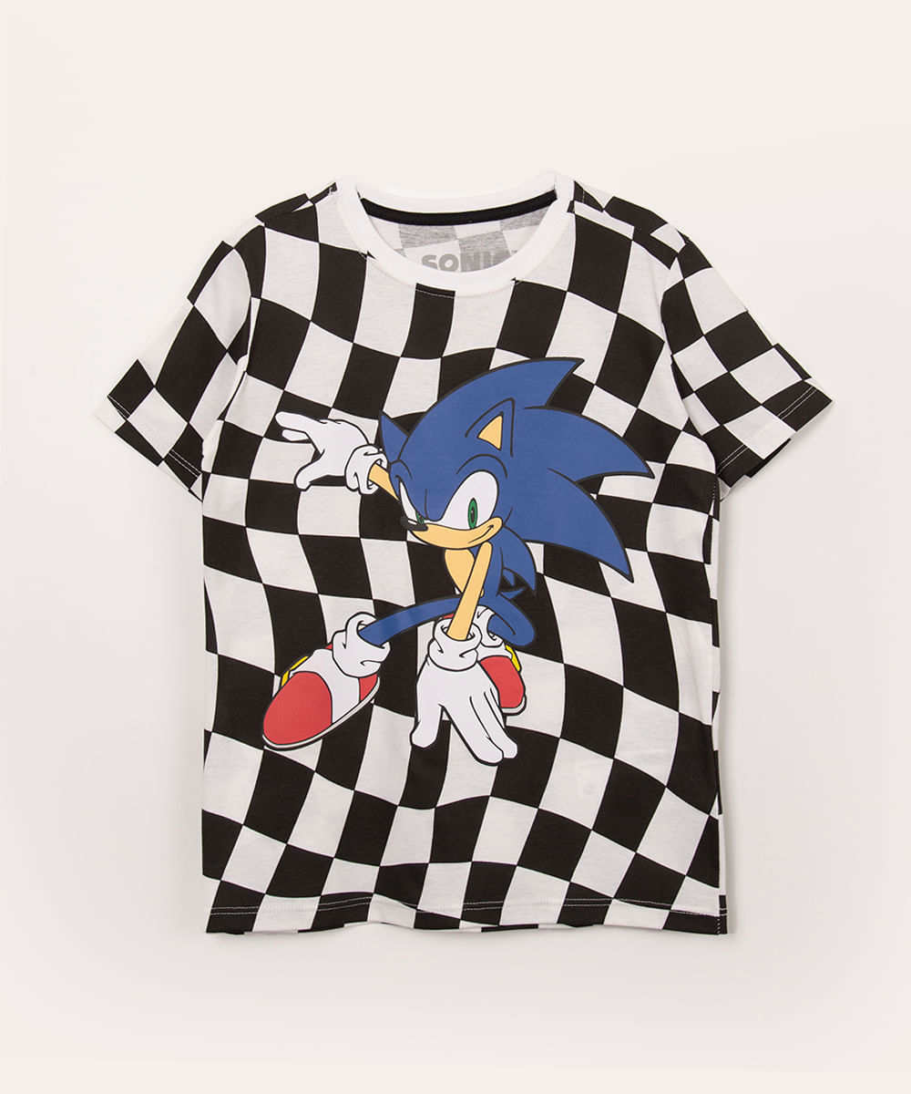 camiseta infantil quadriculada manga curta sonic off white