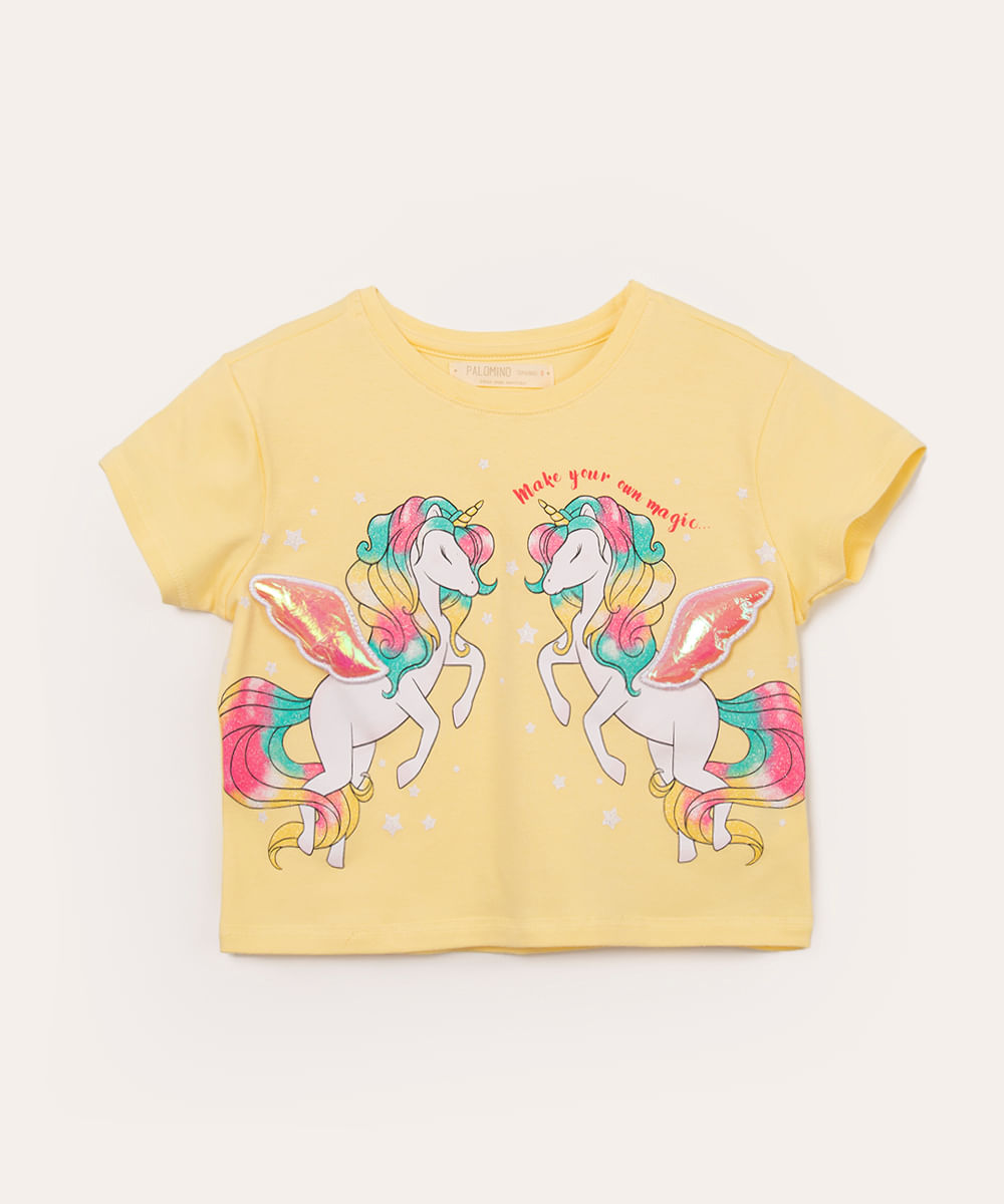 blusa infantil manga curta unicórnios amarelo