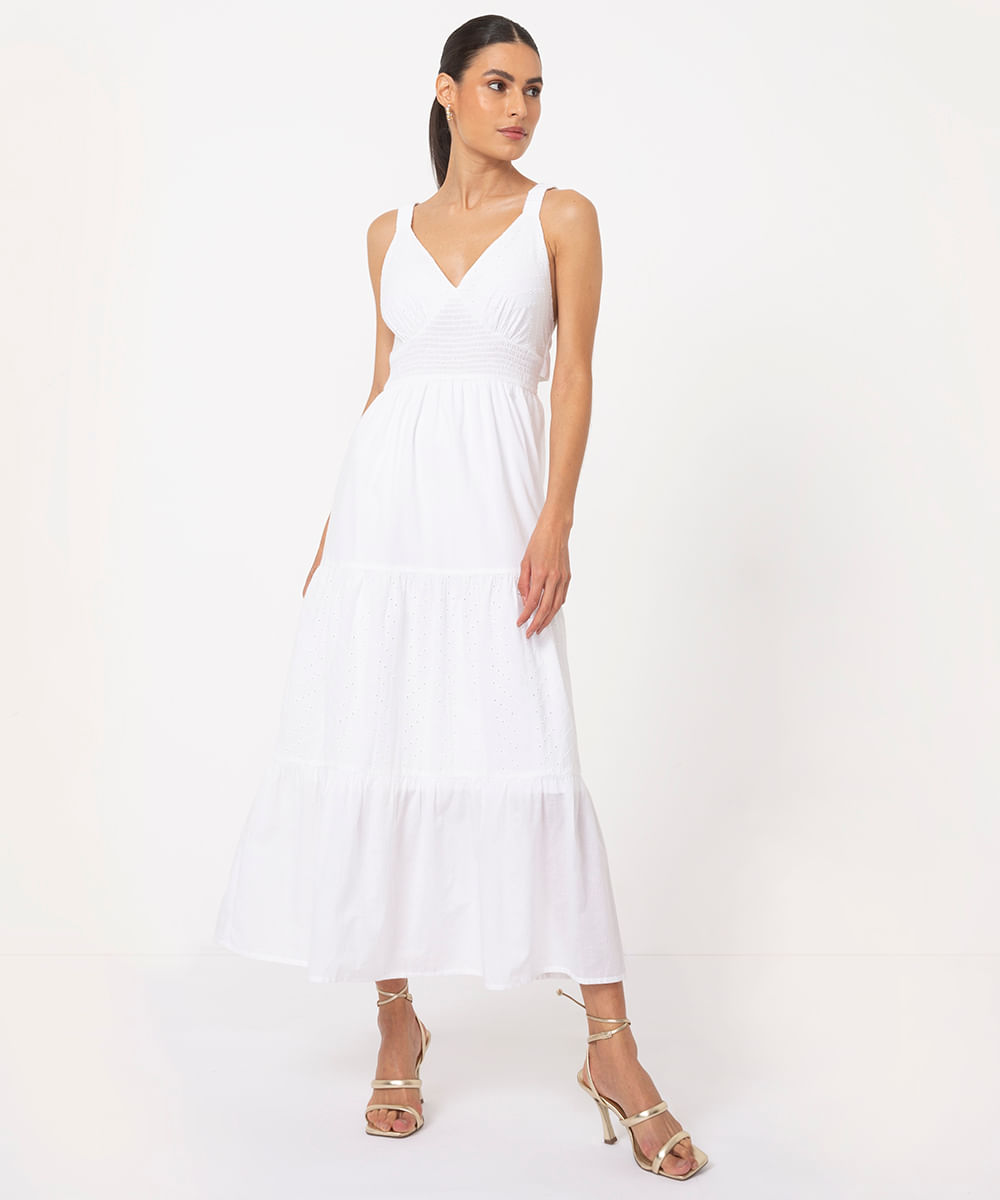 vestido de algodão midi decote v off white