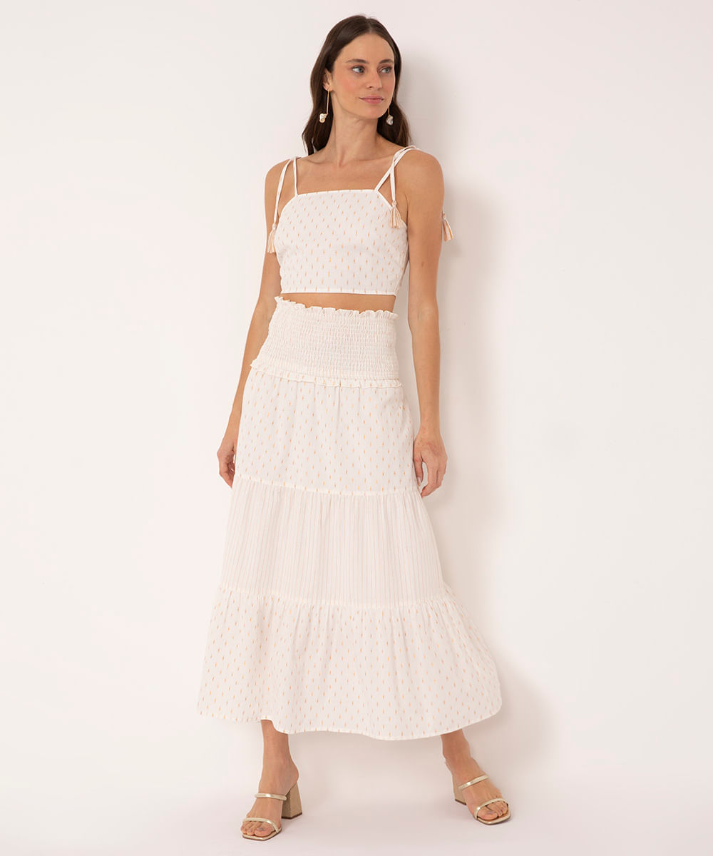 saia midi com recortes e lurex off white