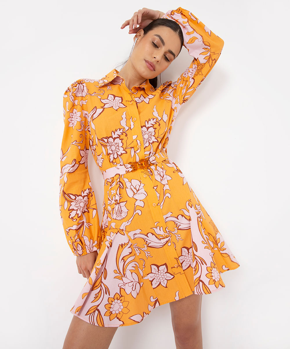 vestido chemise curto floral com cinto laranja