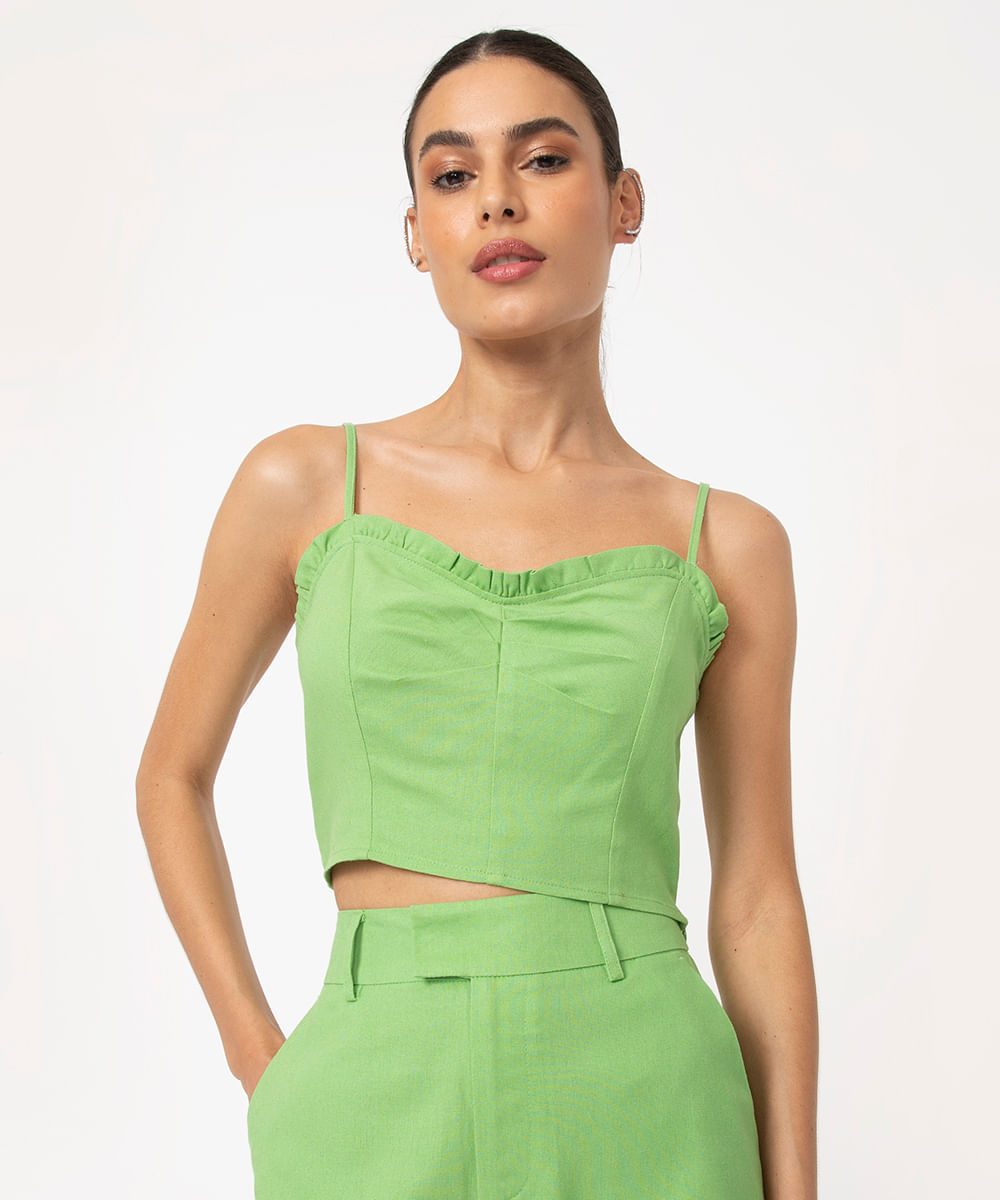 top cropped decote franzido alça fina verde claro