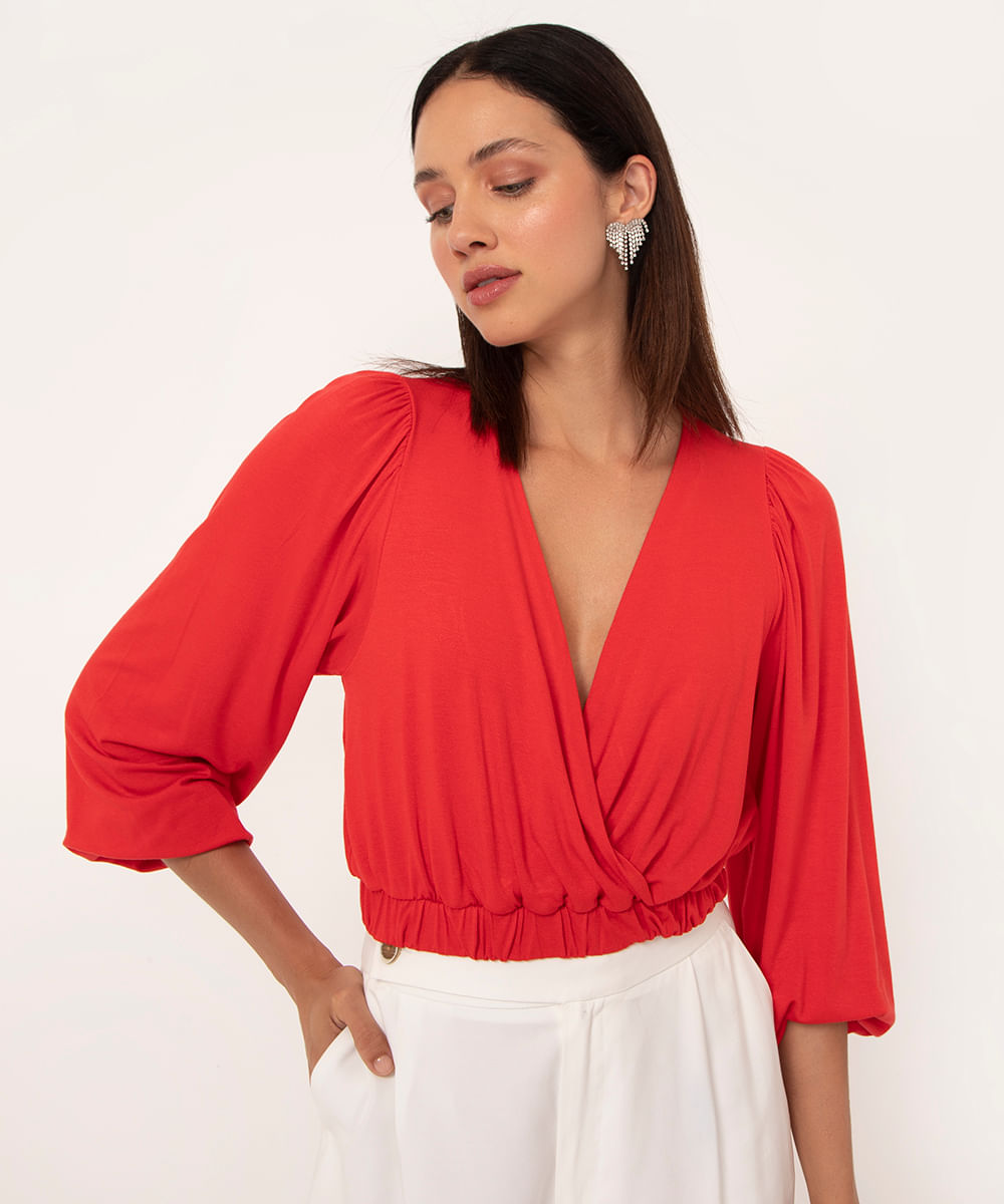 blusa texturizada cropped decote v manga longa vermelho