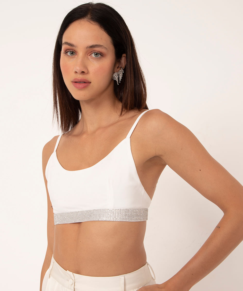 top cropped alça fina strass off white