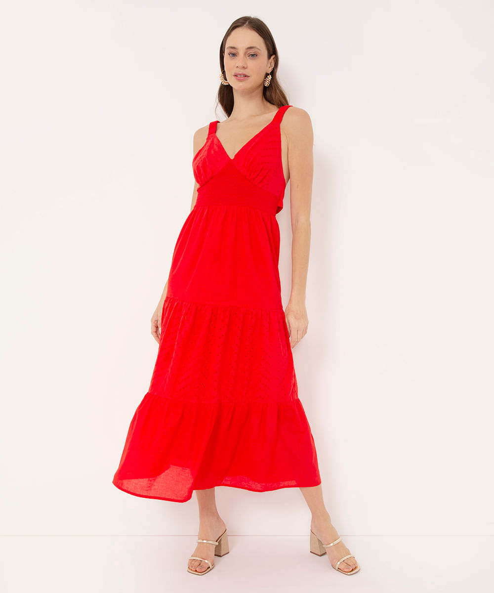 vestido longo de laise com recortes decote v vermelho