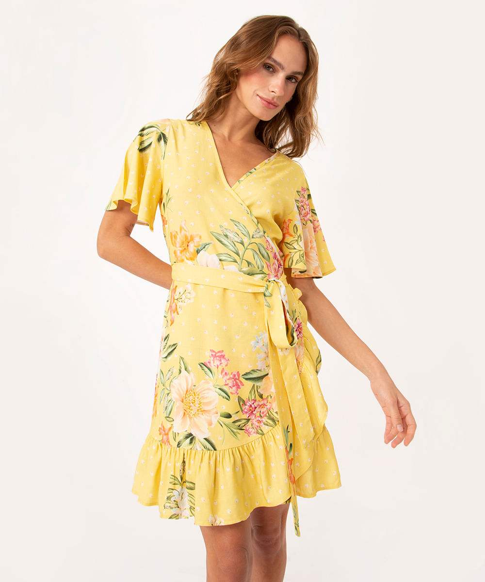 vestido curto decote transpassado jardim solar amarelo