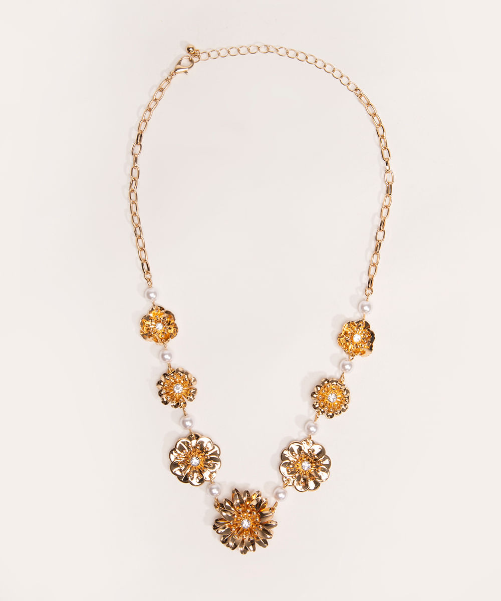 colar flores e pérolas dourado