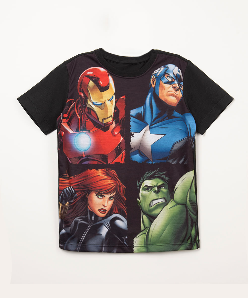 camiseta infantil manga curta os vingadores preta