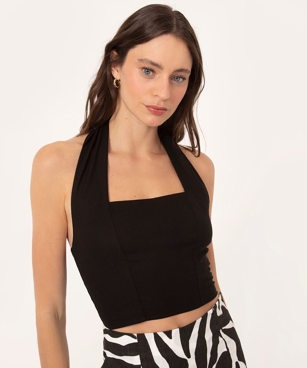 top cropped com linho halter neck preto